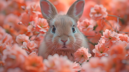 Wall Mural - Rabbit. Beauty Art Design of Cute Little Easter Bunny in the Meadow. Spring Flowers and Green Grass. Sunbeams. Happy Easter. Cute funny animals. Love, Valentine day