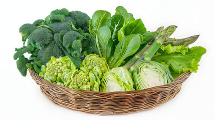 Wall Mural - Green vegetables in the basket isolated on white background. Healthy vegetarian food concept background