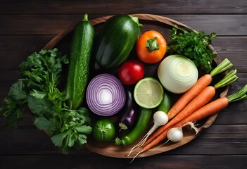 Canvas Print - a bowl with vegetables on a wooden surface with an orange slice