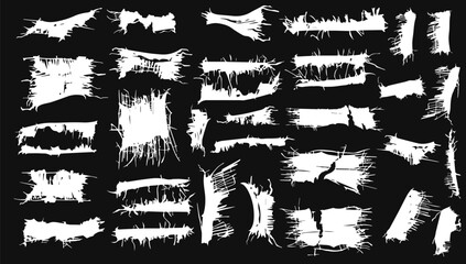 frayed cloth torn and ripped black and white vector illustration set. grunge textured design and cut