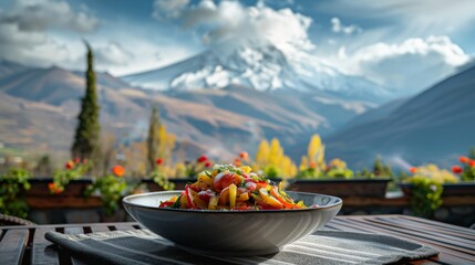 Tomato salad in a bowl with mountain view for healthy food or travel designs