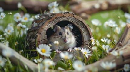 Wall Mural - Cute hamster in a tiny wooden house in forest