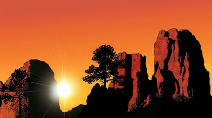 Wall Mural -  The sun sets over a mountain range, with a tree in the foreground and a rock outcropping in the background