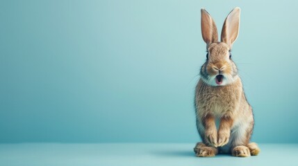 Cute surprised baby rabbit with blue background.