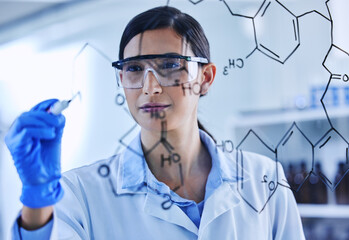 Wall Mural - Board, woman and scientist drawing molecule for chemistry, research development or medical analysis for solution innovation in lab. Glass, science and writing formula idea to study structure of atom