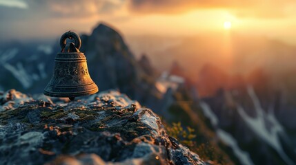 Wall Mural - Vintage bell on a mountain peak at sunset for spiritual or travel designs