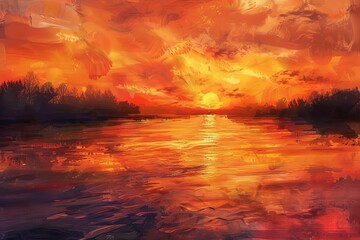 Wall Mural - tranquil sunset over rippling river warm orange and pink hues digital painting