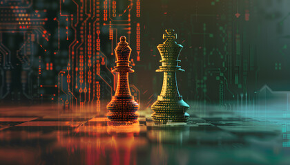 Wall Mural - one half of chess piece standing on chessboard, and other one filled with programming code