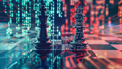 Wall Mural - one half of chess piece standing on chessboard, and other one filled with programming code