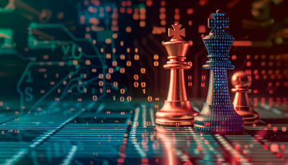 Wall Mural - one half of chess piece standing on chessboard, and other one filled with programming code