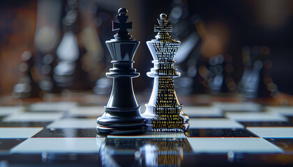 Wall Mural - one half of chess piece standing on chessboard, and other one filled with programming code