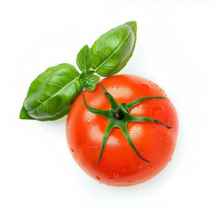 Wall Mural - tomato with leaf of basil isolated on white background