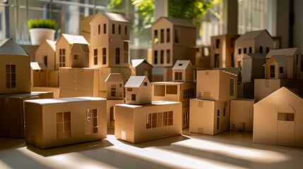 Vintage cardboard boxes stacked like miniature cityscape for design or architecture themed projects
