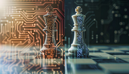 Wall Mural - one half of chess piece standing on chessboard, and other one filled with programming code