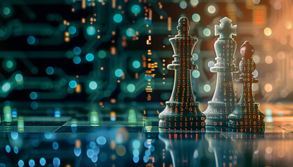 Wall Mural - one half of chess piece standing on chessboard, and other one filled with programming code