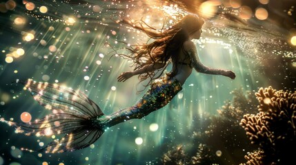 Poster - Beautiful mermaid swimming underwater in deep sea.