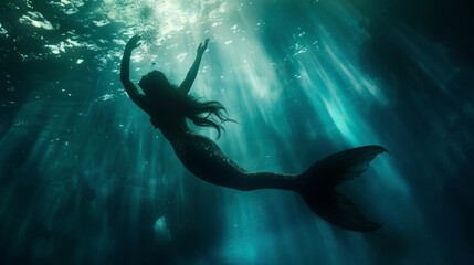 Wall Mural - Beautiful mermaid swimming underwater in deep sea.