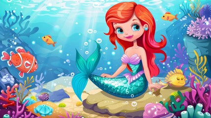 Wall Mural - Beautiful mermaid in deep sea.