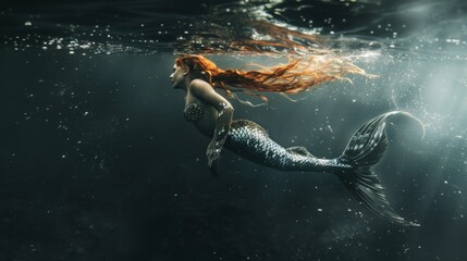 Wall Mural - Beautiful mermaid swimming underwater in deep sea.