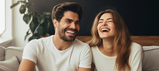 Poster - Portrait happy smiling young couple hugging, cheerful woman and man sitting on sofa at home together