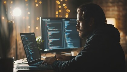 Programmer boosts productivity with multiple screen setup for efficient coding on laptop
