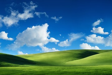 Wall Mural - A beautiful summer or spring landscape with green grass on the hills and green fields. The blue sky is filled with white clouds and bright sunlight. Nature as a background.