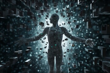 Wall Mural - a human figure made of squares and cubes, standing in front of a digital background with abstract particles in space, cybernetics, computer rendering