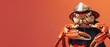 © JK_kyoto - A crab dressed as a firefighter, complete with a helmet and hose, set against a solid red background with copy space