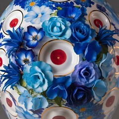 Poster - AI generated illustration of blue flowers surrounding white porcelain plates with red centers