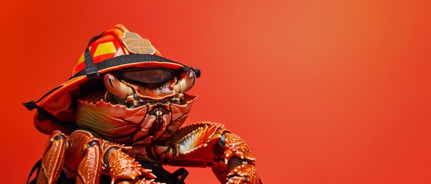 A crab dressed as a firefighter, complete with a helmet and hose, set against a solid red background with copy space