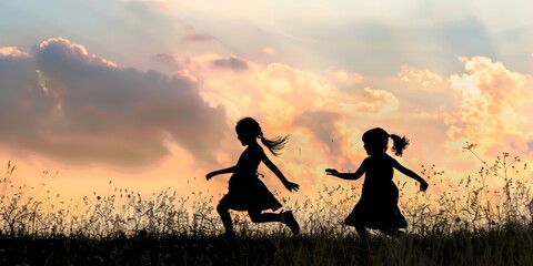 Sticker - Two girls running in a field with a beautiful sunset in the background