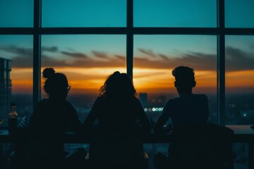 Wall Mural - Three people are sitting at a table with a beautiful sunset in the background