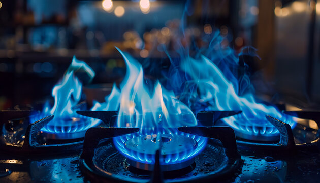 Close-up of a blue fire on a home kitchen stove. Gas stove with burning propane flame