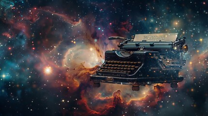 Vintage typewriter floating in space for science fiction or fantasy designs