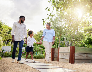 Poster - Black family, holding hands and walking activity in nature, bonding and support in countryside. Parents, son and trust on weekend trip for love, peace and trees on journey in outdoor and holiday