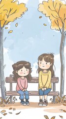 Wall Mural - Sisters sitting on a bench with a large blank area for text or graphics.