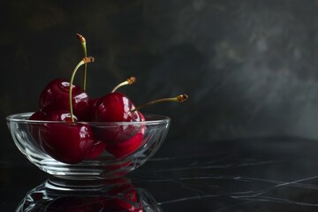 Wall Mural - A glass bowl full of ripe cherries sitting on a dark table