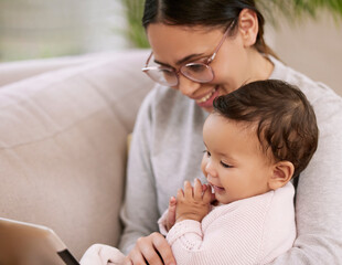 Poster - Tablet, relax and mother with baby on sofa watching movie, video or show together in living room. Happy, bonding and mom with girl child, kid or toddler streaming film on digital technology at home.