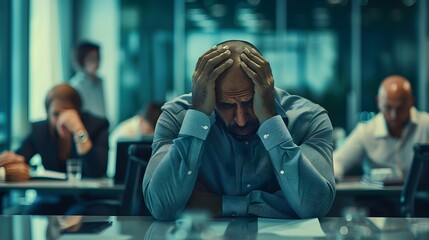Businessman sitting at a table in a conference room with his head down and holding his face while other people work around him