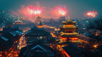 Wall Mural - Beautiful fireworks show in city over traditional building to celebrate Chinese lunar new year.