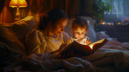 Wall Mural - Mother and Child Reading a Book in Bed