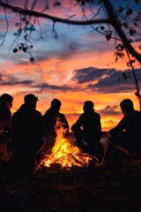 Wall Mural - Tranquil silhouette of millennials sitting around a campfire.