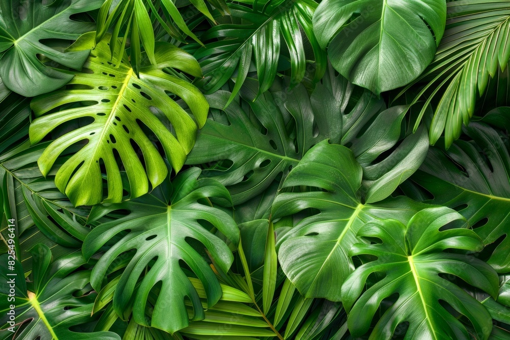 Lush, vibrant background of tropical leaves with monstera and palm ...