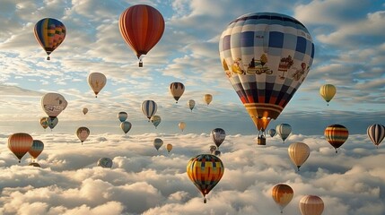 Wall Mural -   A multitude of hot air balloons soaring in the cloud-filled sky with clouds in the background