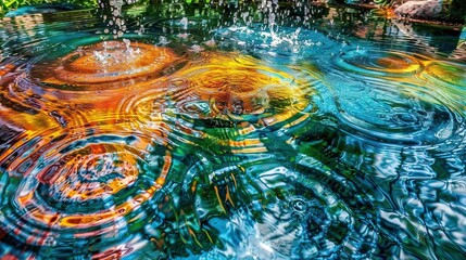 Poster -   A serene pond surrounded by verdant trees, shimmering under the golden rays of the sun in the background