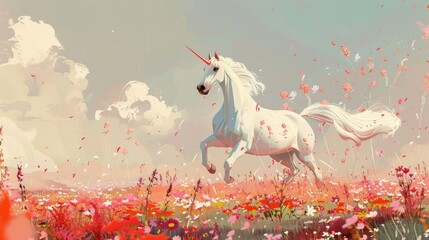 Wall Mural - White unicorn running through a magical flower field for fantasy or nature themed designs