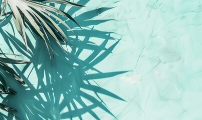 Wall Mural - Empty palm shadow blue color texture pattern cement wall background. Used for presentation business nature organic cosmetic products for sale shop online. Summer tropical beach with minimal concept