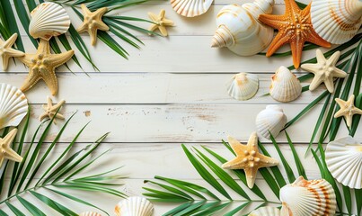 Wall Mural - Flat lay photo saeshell and starfish on white wood table, top view and copy space, summer concept