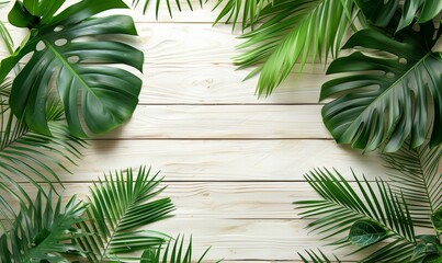 Wall Mural - Green flat lay tropical palm leaf branches on white wooden planks background. Room for text, copy, lettering.
