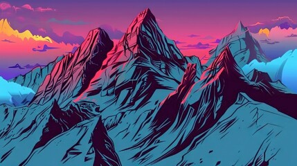 Canvas Print -   Painting of mountain range under pink-blue sky with cloudy foreground